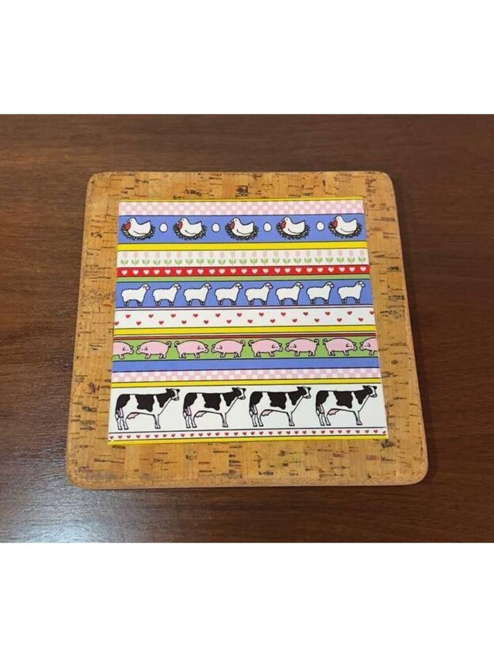 Vintage Farm Animal Ceramic Cork Trivet Cow Pig Sheep Chicken Portugal